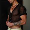 Summer Men Short Sleeve Mesh Sheer Hollow Buttons Beach Party Cropped T-shirts