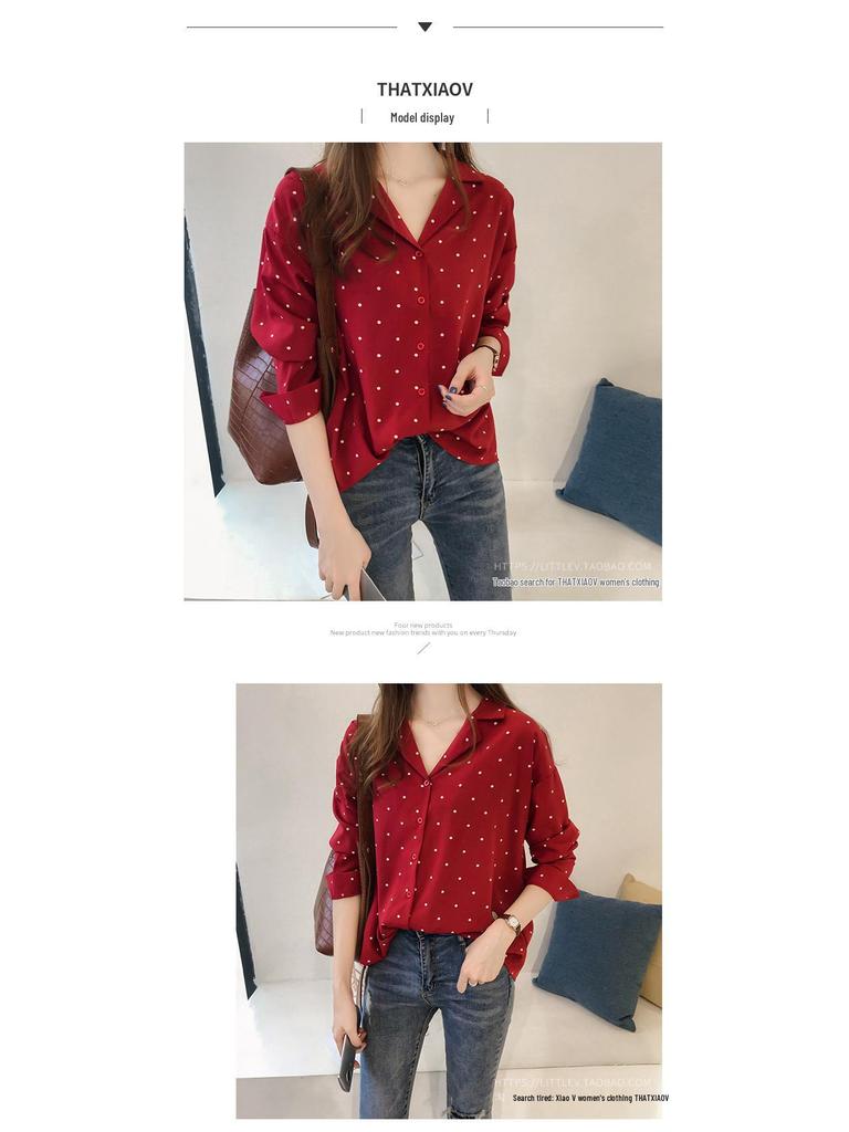 Women's Plus Size Polka Dot Chiffon Long-Sleeve Shirt - Hong Kong & Korean Style