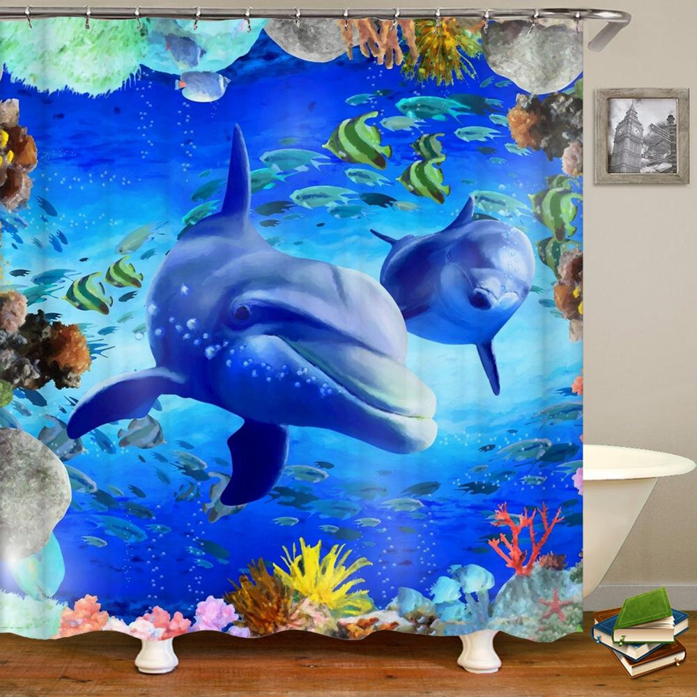 Cartoon Dolphin Shower Curtain Waterproof Home Decoration Curtain Ocean Sea Beach landscape Printed Bathroom Curtain With Hooks