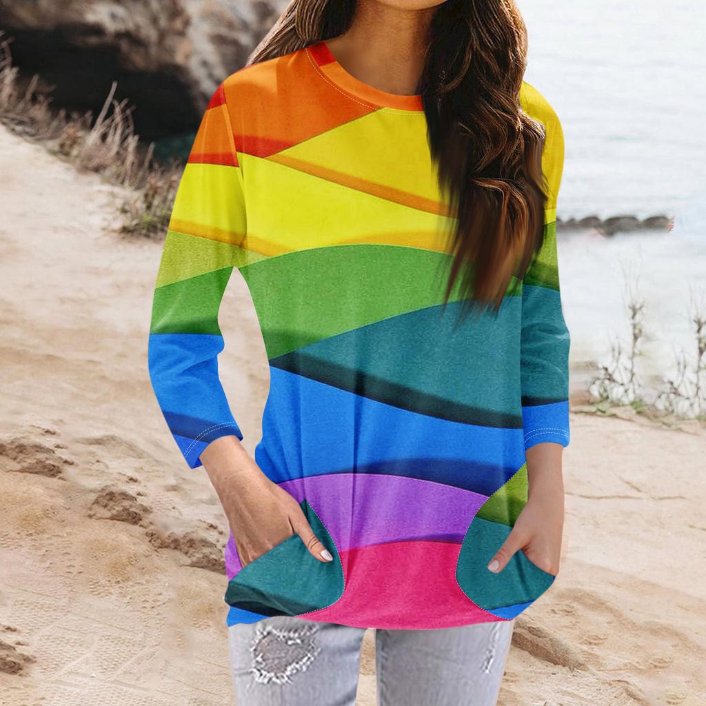 Женская модная повседневная футболка с карманом и круглым вырезом с рукавами 3/4 и топом