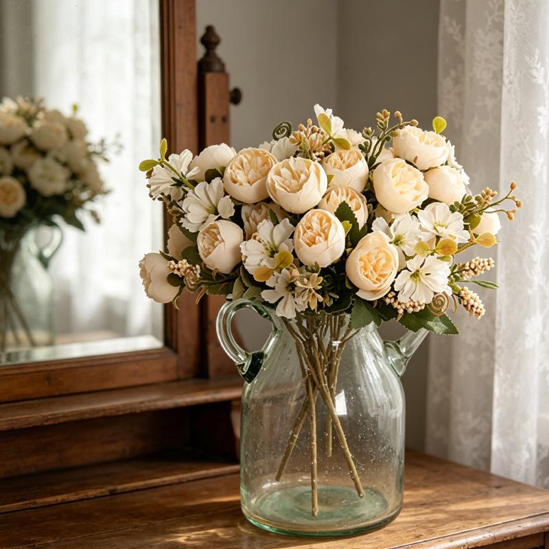Arrangement Floral Floral Perlé Rouge Rose Rétro: Scène Décorative Pastorale pour la Maison avec Fleurs Artificielles