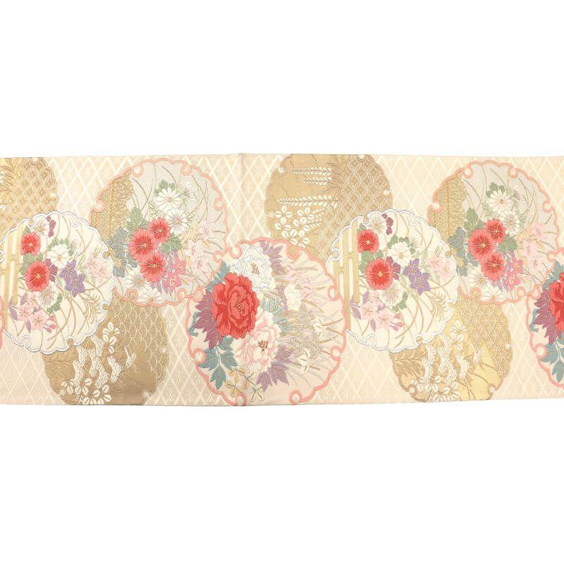 Used Fukuro Obi Formal Fukuro Obi Pure Silk Six Patterns Beige Snow Ring Chrysanthemum Autumn Grass Pattern Traditional Pattern Dignity Length 444cm