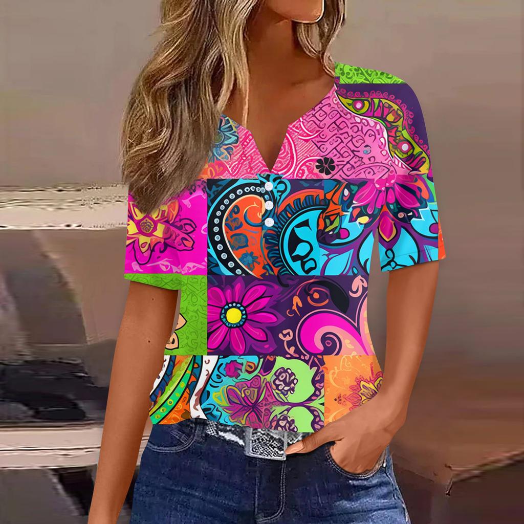 Жен. Футболка С принтом Пуговицы С короткими рукавами Повседневные Выходные Мода Классический Классический V-образный вырез Обычный Топ