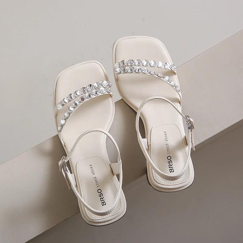 Fashion Shiny Crystal Slippers Women's Luxury Rhinestone Mid Heel Sandals Womens Boho Silver Strange Heel Lace Up Summer Shoes Size34-40