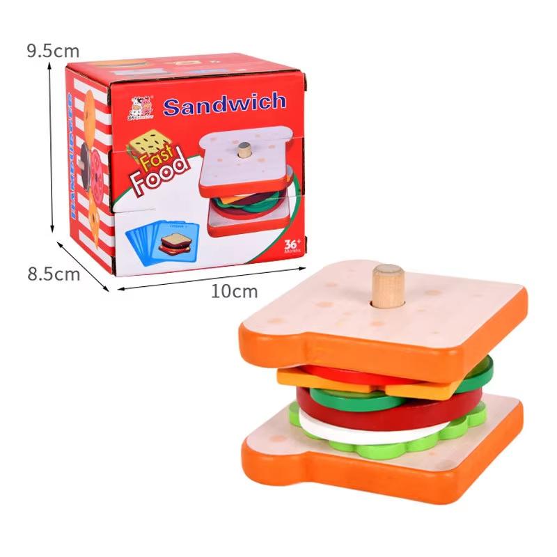Montessori Educational Wooden Hamburger Sandwich Stacking Toy - Preschool Toddler Toy for Fine Motor Skills & Kitchen Pretend Fo
