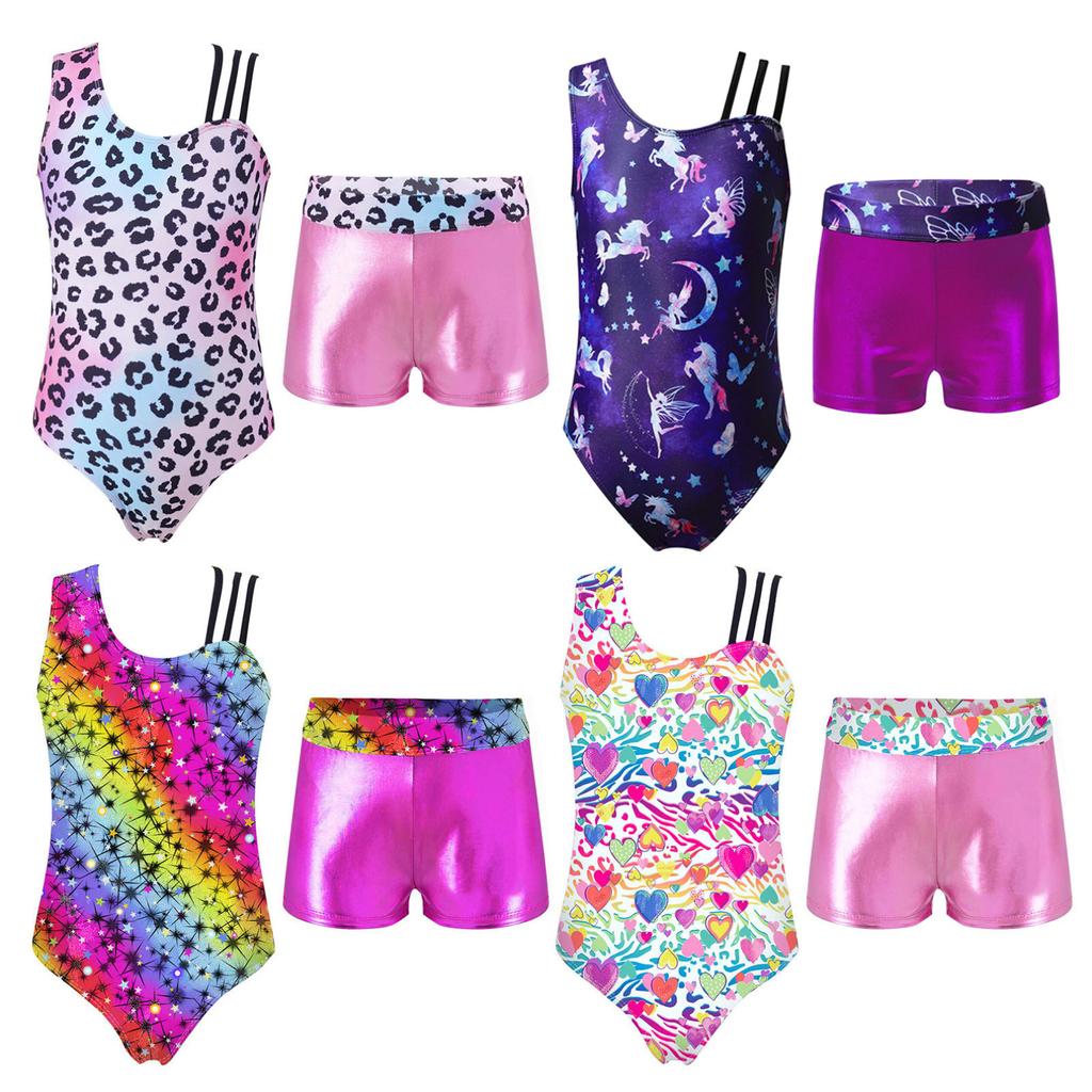 Детский купальник с асимметричными бретелями для девочек и шортами с принтом для гимнастических занятий йогой, танцевальными видами спорта