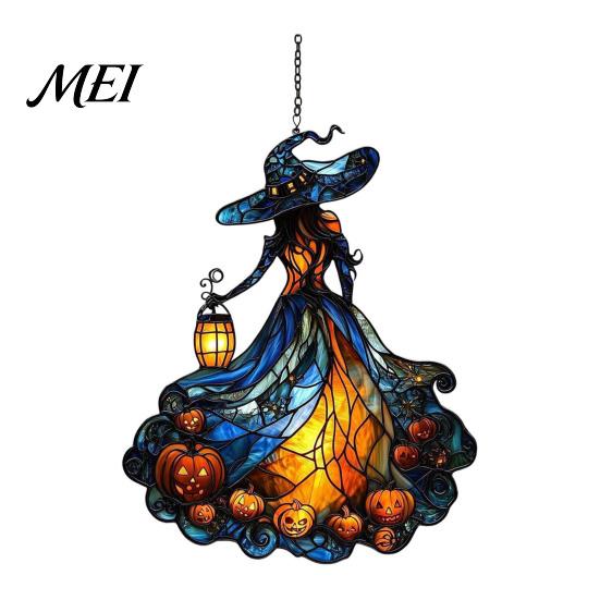 Handcrafted Witch Style Suncatcher Acrylic Suncatcher, Stained Glass Effect Window Car Hanging Ornament, Gothic Scary for Windows with Pumpkin Lantern