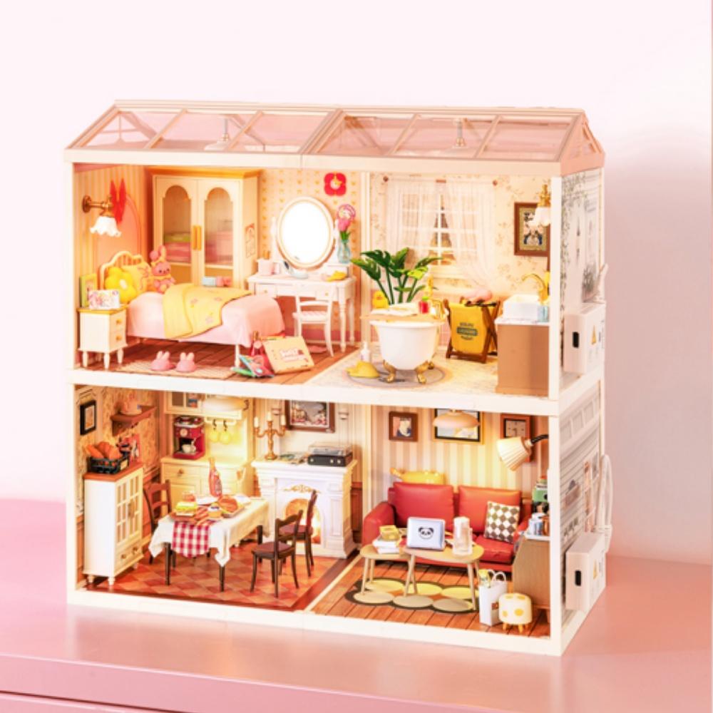 Robotime Rolife Lovely Pink Bedroom Plastic House Building Set Toy DIY Miniature Dollhouse Playset with LED for Teens Adults DW0