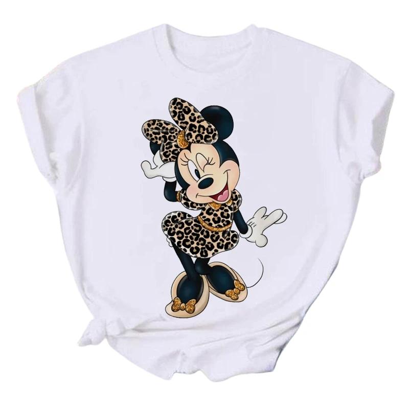 Cartoon Minnie Mickey Mouse Print T Shirt Leopard Bow Summer Kawaii Clothing Tops Hippie T-Shirt Gift Unisex