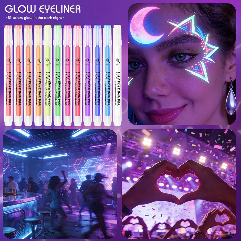 Dual Tip UV Glow Face Body Paint Marker Two Color Lumino Makeup Pen Temporary Tattoo DIY Graffiti Marking Pen for Party Cosplay