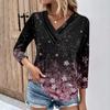 Womens 3/4 Sleeve Daily Weekend V Neck Casual Printed Tshirts Loose Fit Pleated Tees Ladies Blouse