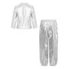 Girls Dance Party Outfit Metallic Shiny Long Sleeve Round Neck T Shirt with Performance Pants Set