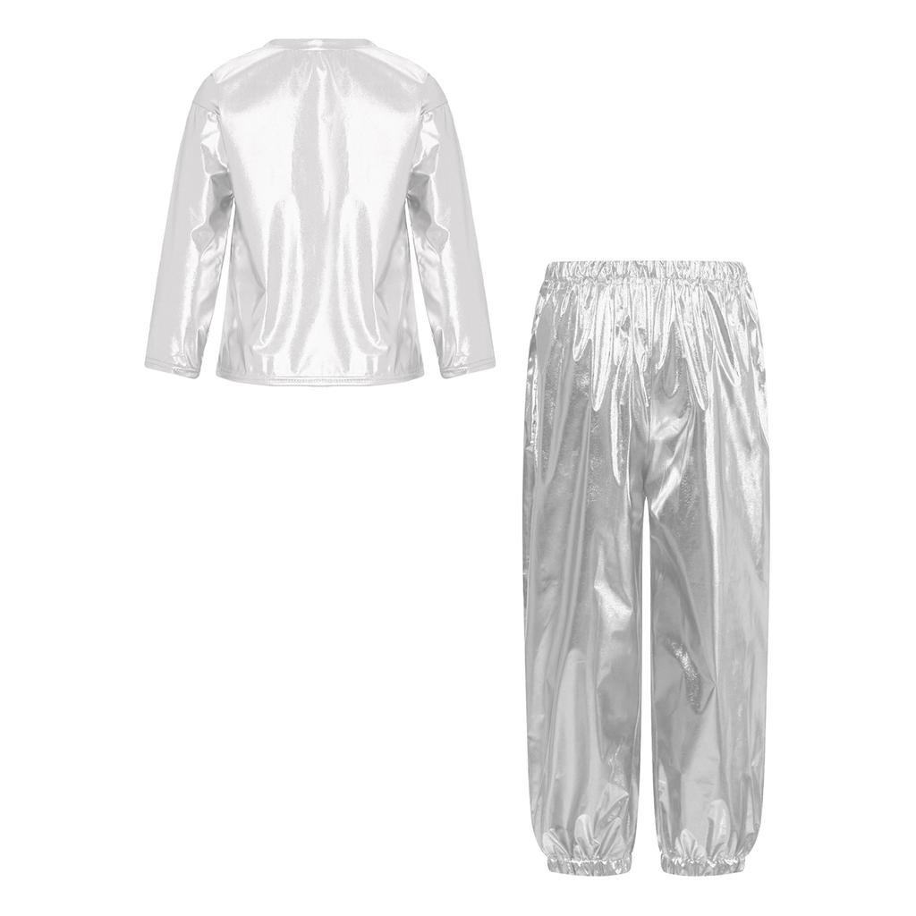 Girls Dance Party Outfit Metallic Shiny Long Sleeve Round Neck T Shirt with Performance Pants Set