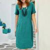 Женское платье с круглым вырезом, сплошной цвет, длиной до колена, свободные, с короткими рукавами, боковые карманы, трапециевидной формы