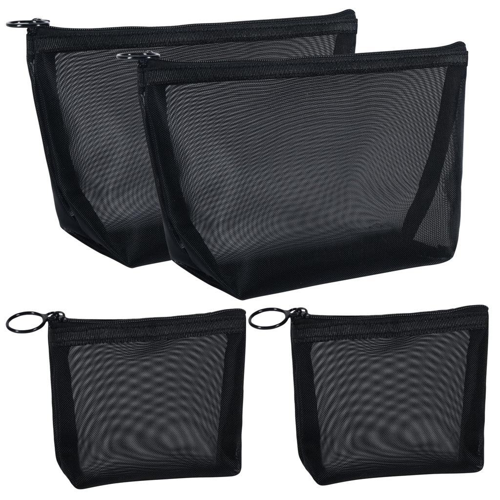 Besharppin Mesh Cosmetic Nylon Makeup Pouch for Cosmetics Storage and Small Items for Business Trips and Travel 4-Pack Pouch, (Black)