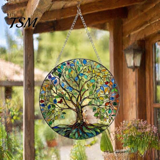 Wall Hanging Ornament Tree of Life Round Sign, Stained Glass Acrylic Suncatcher Decoration Decoration, Window for Indoor Outdoor