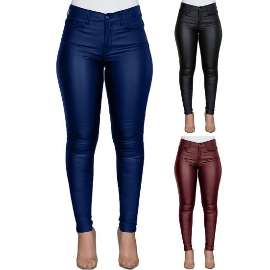 Женские брюки с высокой талией, гладкая искусственная кожа, сплошной цвет, узкие, с подъемом ягодиц, эластичные пуговицы, карманы на молнии, облегающий крой, длина до щиколотки, карандаш