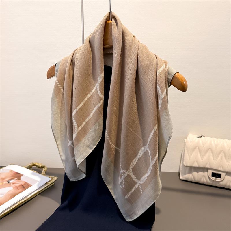 Exotic retro herringbone cotton-linen small square scarf, faux velvet shawl, sun-protective neckerchief for women