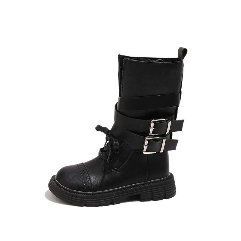 Girls Chunky Buckle Martin Boots Winter Warm Mid-Calf Lace-Up Leatherette Riding Kids