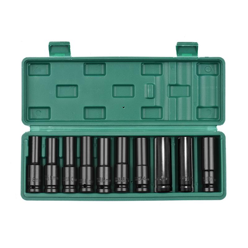 Набор из 10 удлиненных шестигранных торцевых головок для пневматических пушек/пневматических электрических ударных гайковертов/ключей с трещоткой Big Fly с ящиком для хранения