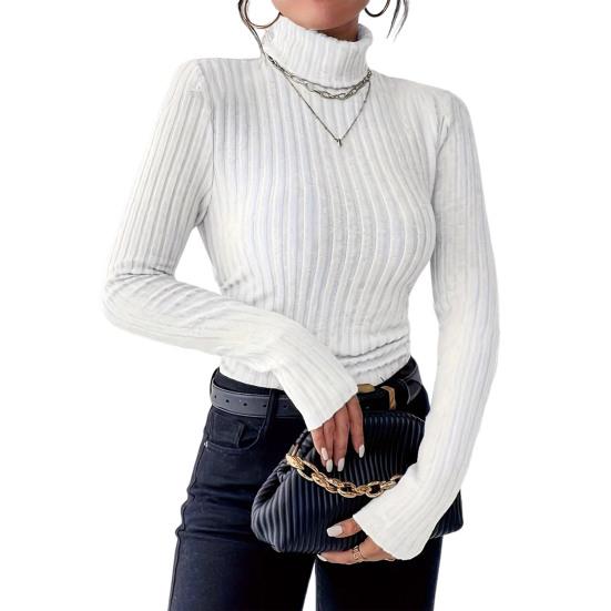 Женские вязаные топы с высоким воротником, с длинным рукавом, однотонный свитер, облегающий крой, топы с рубчатым низом, зимний трикотаж