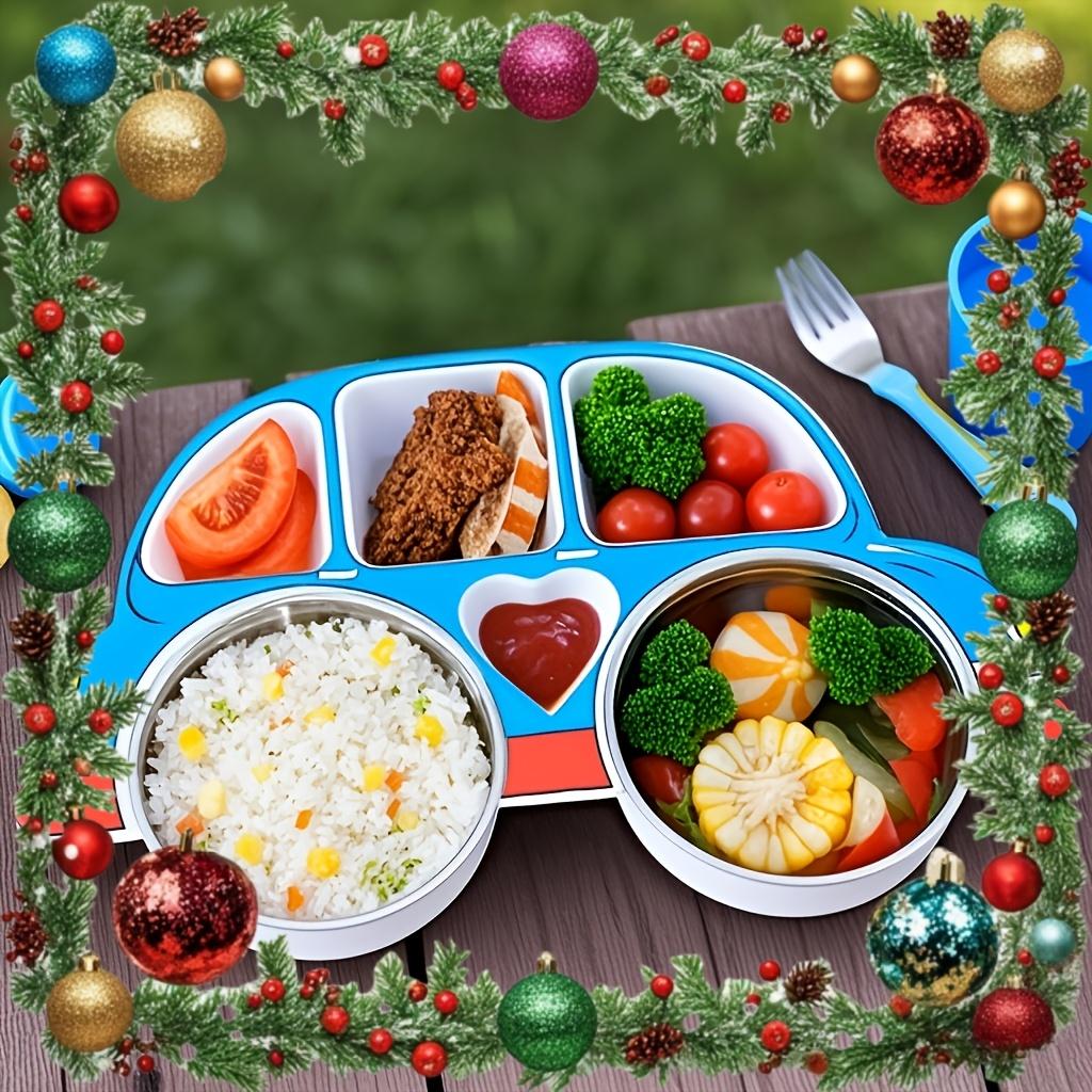 Детский набор посуды из нержавеющей стали с мультяшной машинкой и крышкой - прочная, устойчивая к падениям посуда для использования на улице и дома - включает 1 разделенную тарелку, 2 миски