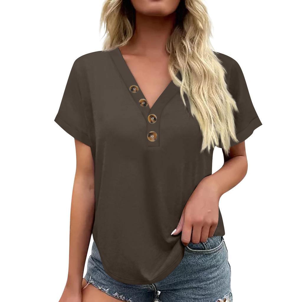 Women's Fashionable Casual Short Sleeved Solid Color V-neck Button Top