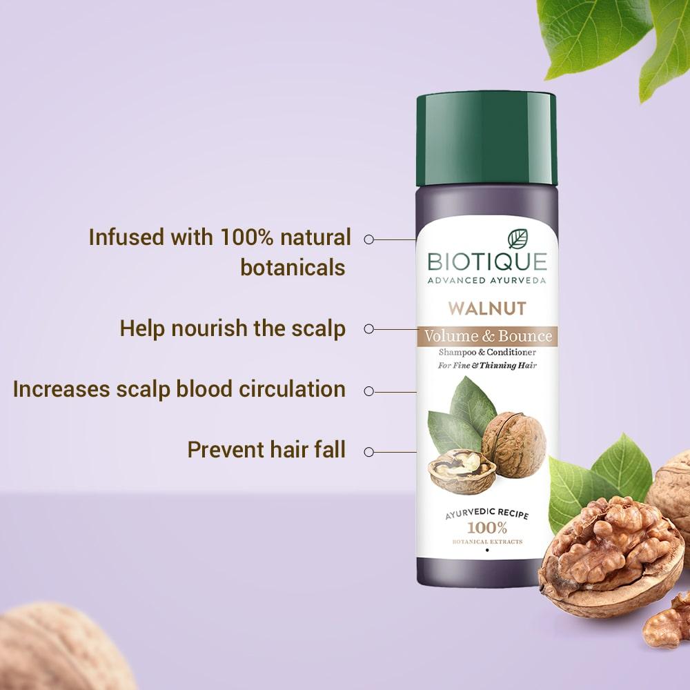 Biotique Шампунь и кондиционер с грецким орехом 120 мл для тонких волос, для объема и роста, 100% натуральные растительные экстракты