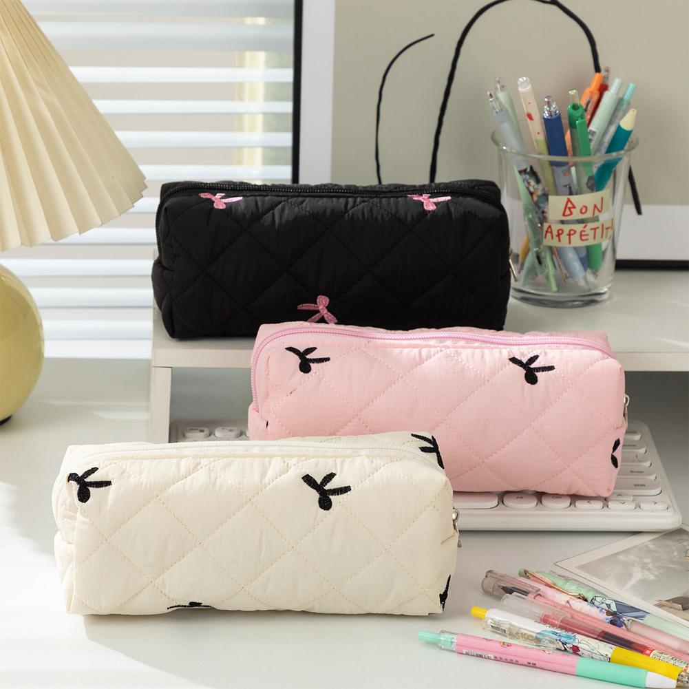 1Pc Simple Bowknot Large Capacity Pencil Bag Fresh Quilting Stationary Storage Bags For Girls Makeup Pouch Pencil Case