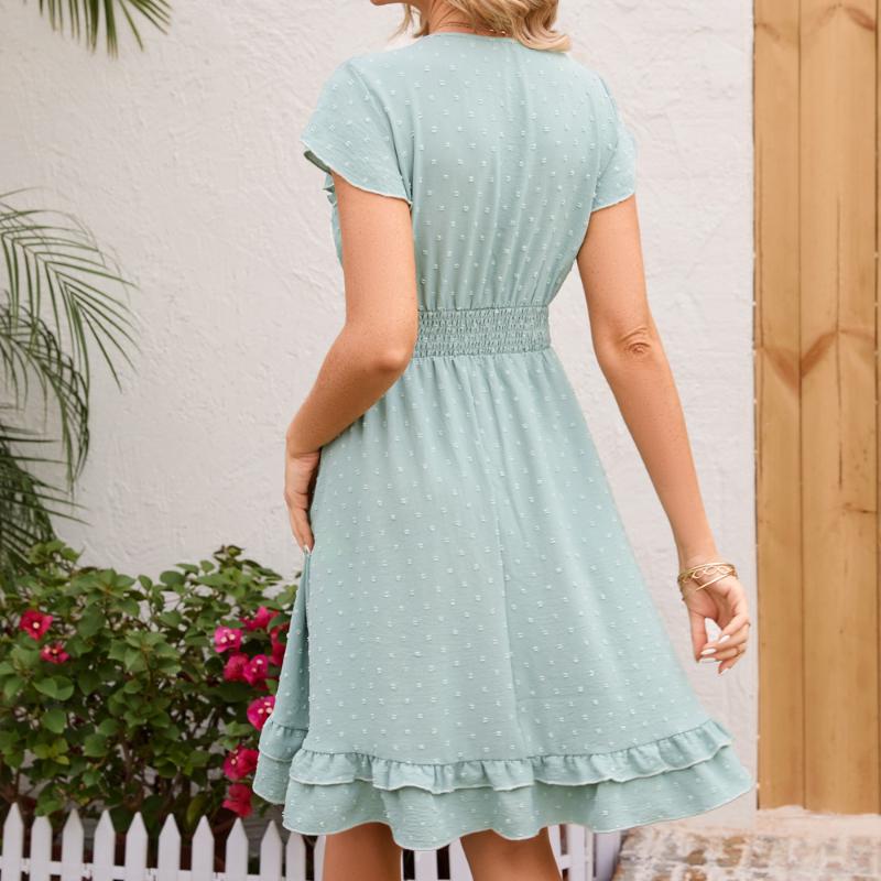 GMXIA Women's Spring and Summer Waisted V-neck Dress Holiday Casual Short Sleeve Skinny Dresses