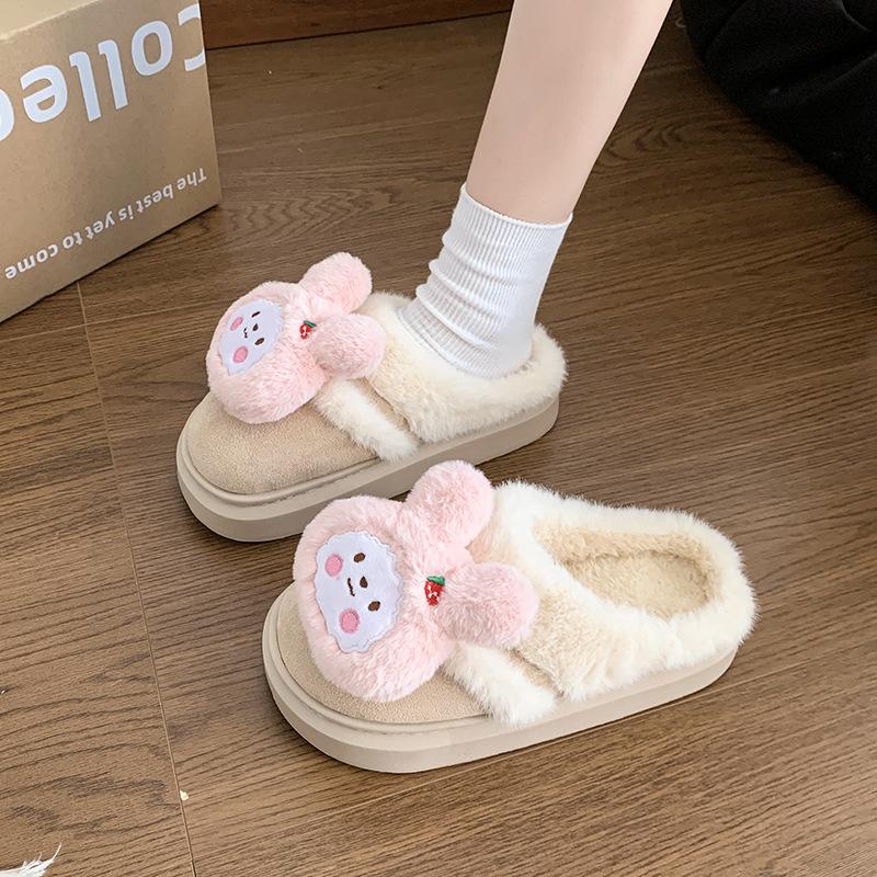 Женские милые мультяшные плюшевые тапочки - Теплые термо хлопковые домашние тапочки на платформе для зимы, Девичьи милые пушистые повседневные комнатные туфли на толстой подошве