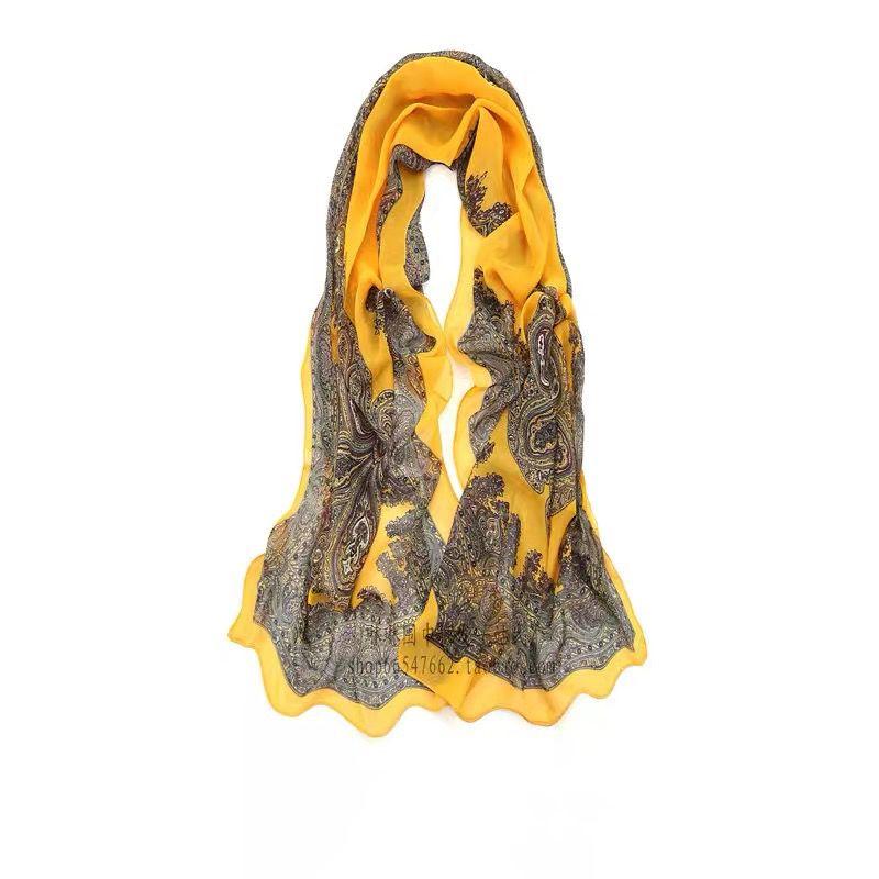 Винтажный длинный шелковый шарф с принтом, длинный шифоновый платок, песочный шарф для женщин, универсальный шарф для защиты шеи