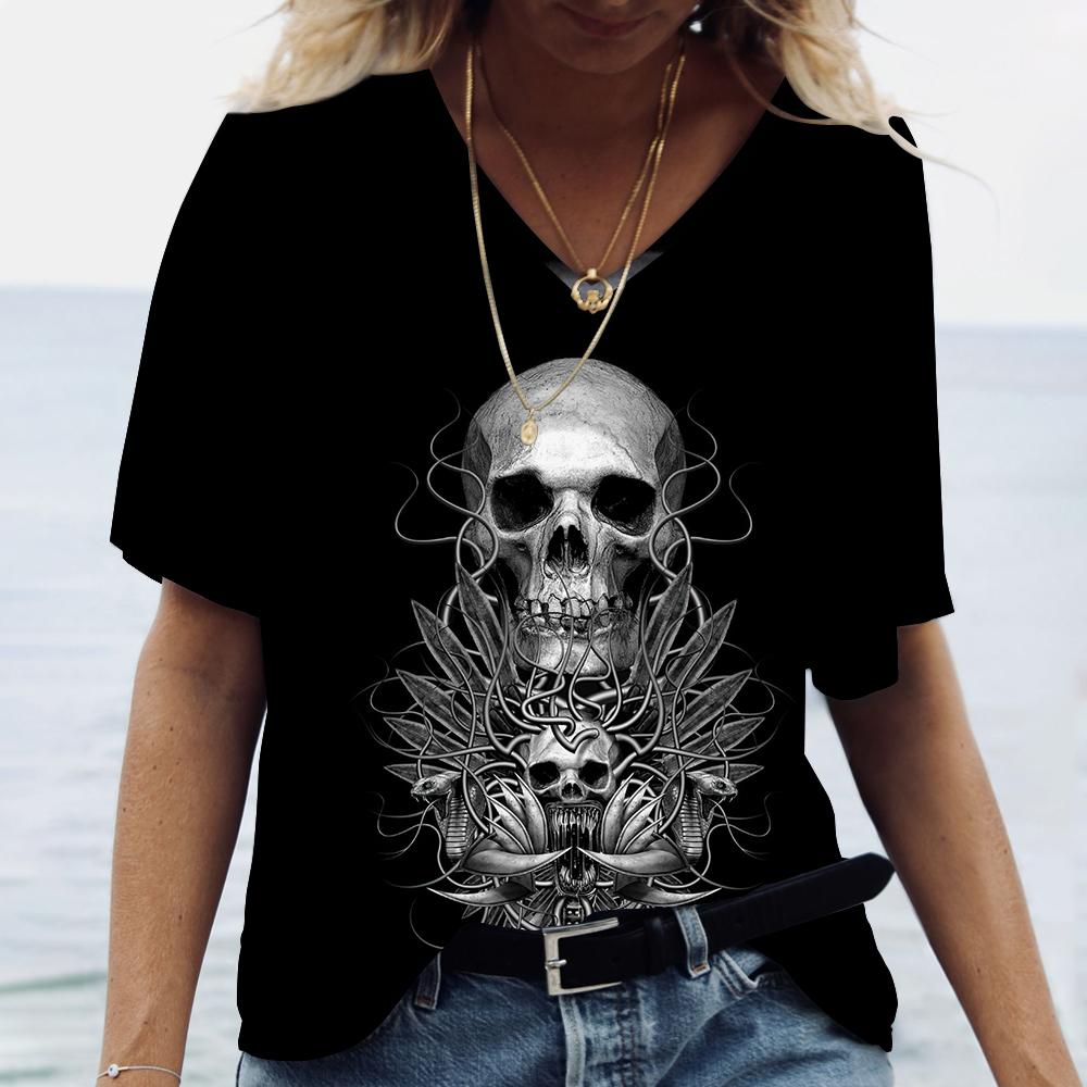 3D Черепа Цветочный Принт Женские Футболки Модные Футболки С V-образным Вырезом Короткие Рукава Летняя Повседневная Женская Одежда Свободные Топы Уличная Одежда