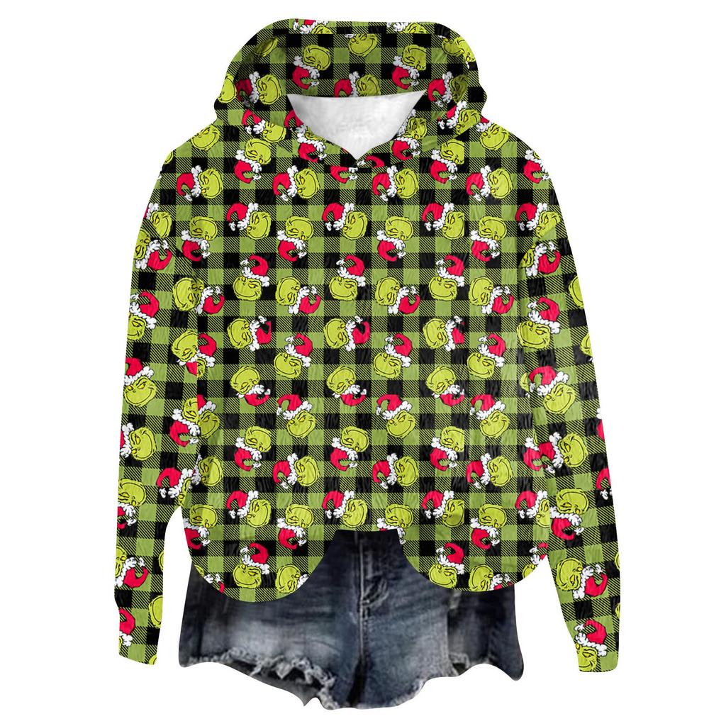Women's Hooded Long Sleeve Christmas Printed Flannel Top Hooded Sweatshirt