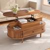 Oval Coffee Table with Lift Top, MDF, Hidden Storage, Two Open Shelves, Large Drawer + Two Sliding Doors, Round Handles, Tapered Rubberwood Legs