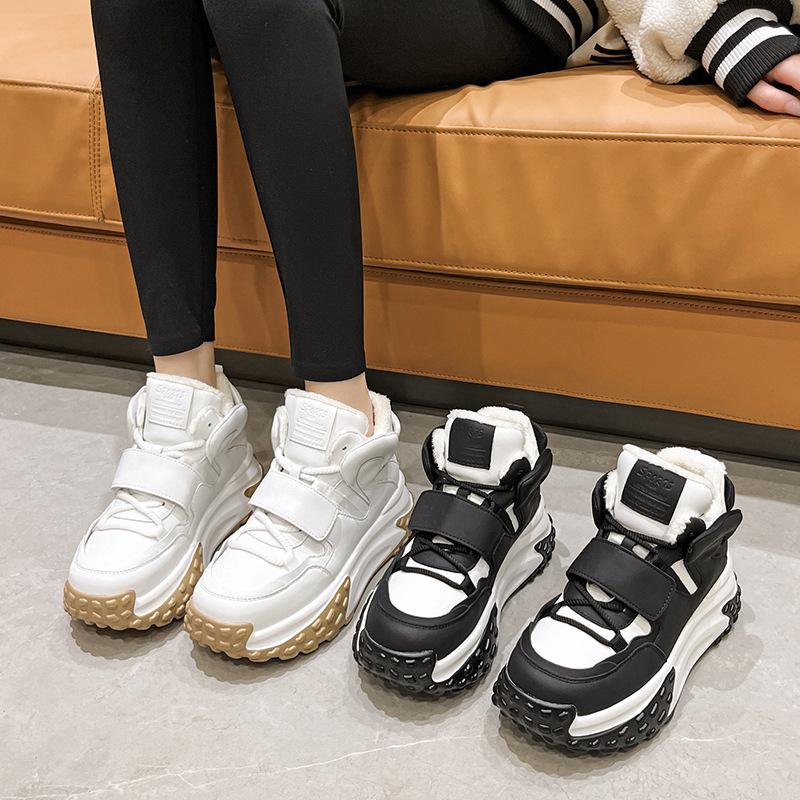 High-top Daddy Cotton Shoes New All-match Leather Thick-soled Inner Heightened Plus Velvet Casual Sports Small White Shoes for Women