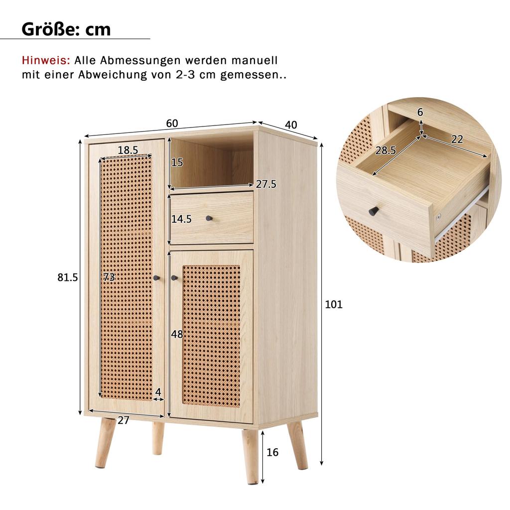 Chest of Drawers Doors, Drawers, Open Storage Compartments, Modern Highboard Made of Wood Rattan Doors, Bedroom, Living Rooms, Office, Oak, 60x40x101cm