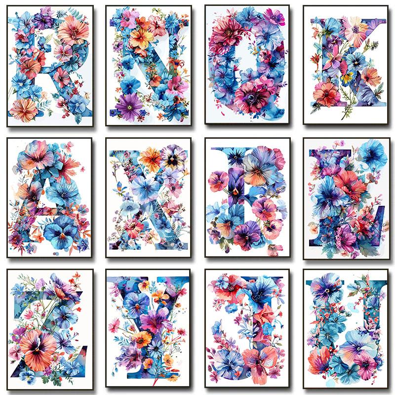 Flower Alphabet Wall Art Wreath Letters Canvas Painting Fashion Modern Aesthetic Poster Wall Pictures Home Decor For Living Room
