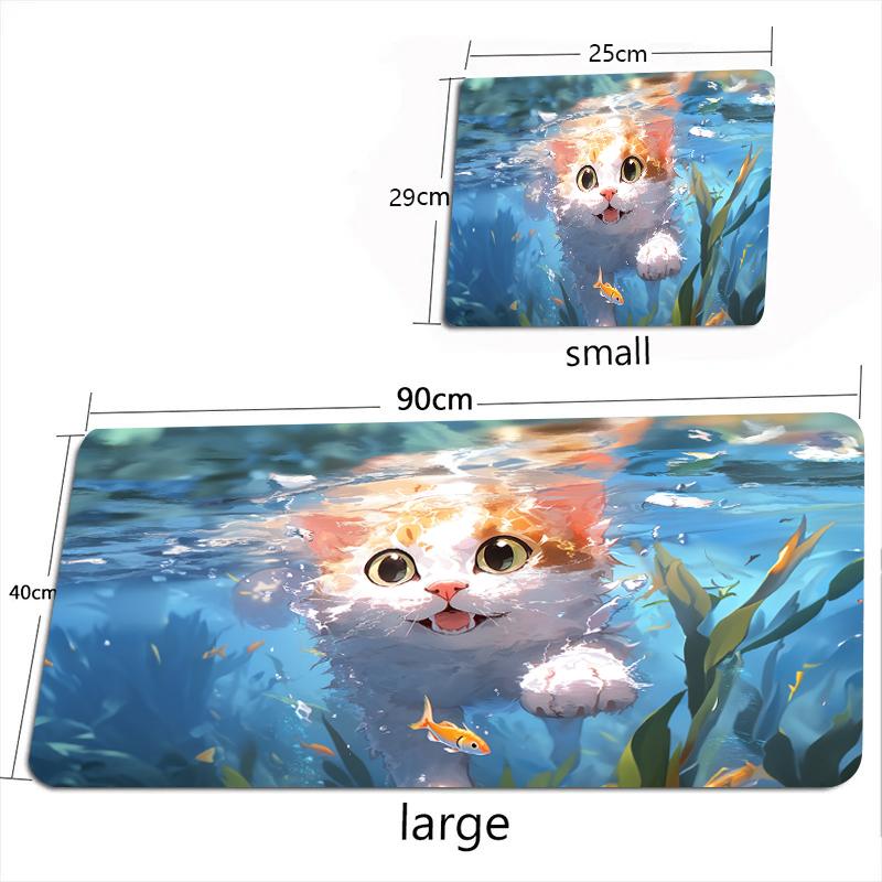 Cute Cartoon Cat Fish Mouse Pad Green Large Computer Keyboard Pads Natural Rubber Anti-Slip HD Gaming Mousepads Long Desk Mat