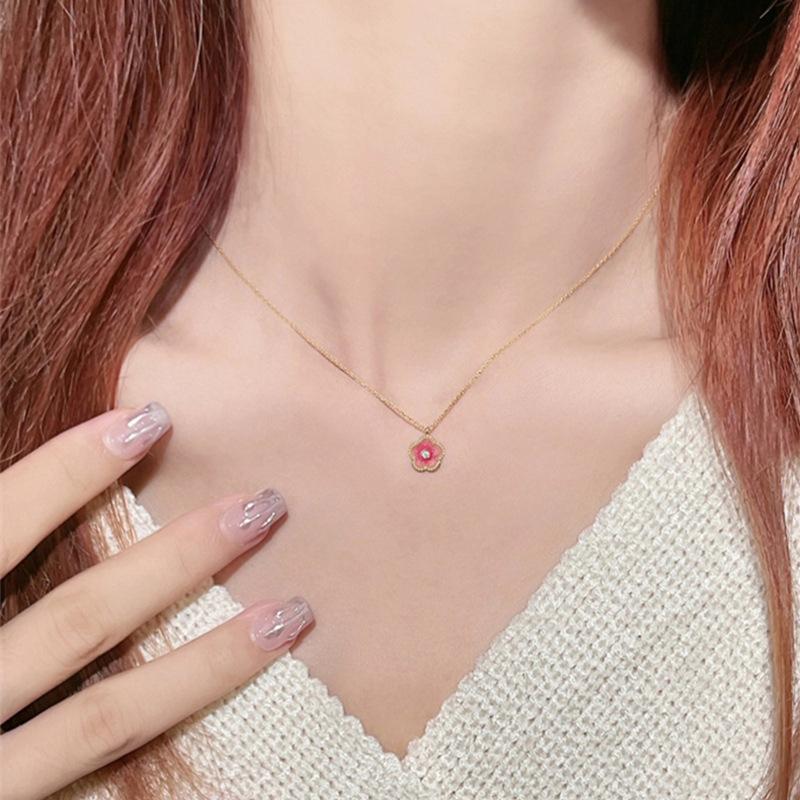 Peach Blossom Necklace Pink Flower Pendant Sweet Cute Collar Chain Shiny Zircon Clavicle Chain For Women  Jewelry Gift