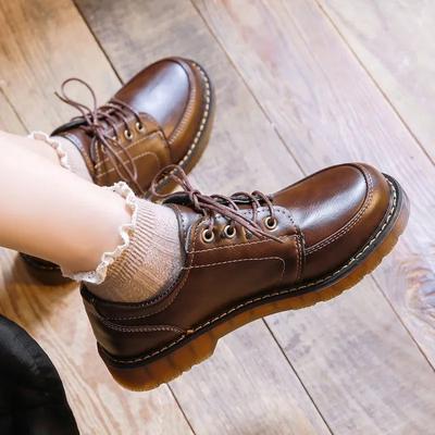 Женские кожаные туфли в британском стиле, коричневые, в стиле ретро, в стиле преппи, в стиле JK, повседневные туфли для студентов, на низком каблуке, на шнуровке