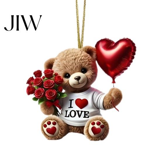 Clear Printed Acrylic Charm Teddy Bear Hanging Ornament, Holding Heart Balloon Red Rose Bouquet Decoration, Small Romantic Keepsake Car
