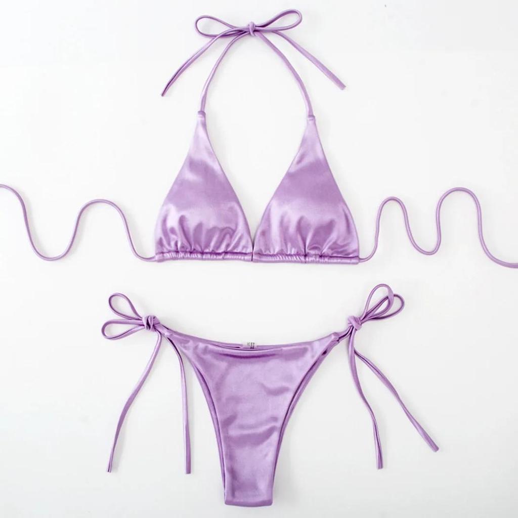 Sexy 13 Colors Halter Satin Brazilian Bikini Women Swimwear Female Swimsuit Two-pieces Bikini Set Bather Bathing Suit Swim