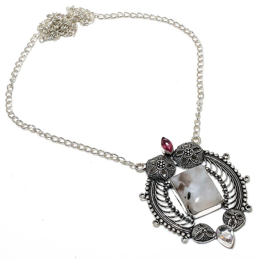 Rainbow Moonstone, Rubillite 925 Sterling Silver Jewelry Necklace 18" J4R39