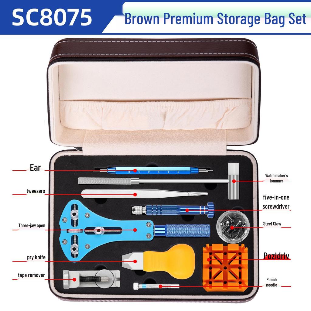 Набор инструментов для ремонта механических часов: снятие корпуса, ремешка, регулировка звеньев и замена батарейки.