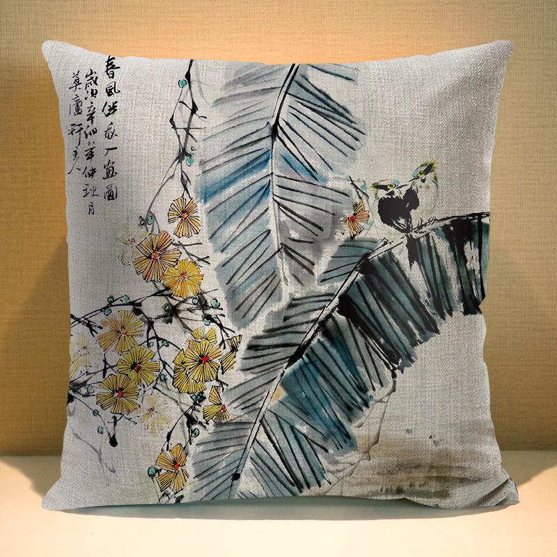 Chinese Ink Plant Pillow case Flowers xcm Square Decorative Cushion Cover for Sofa Home Printed Throw Polyester Pillowcase