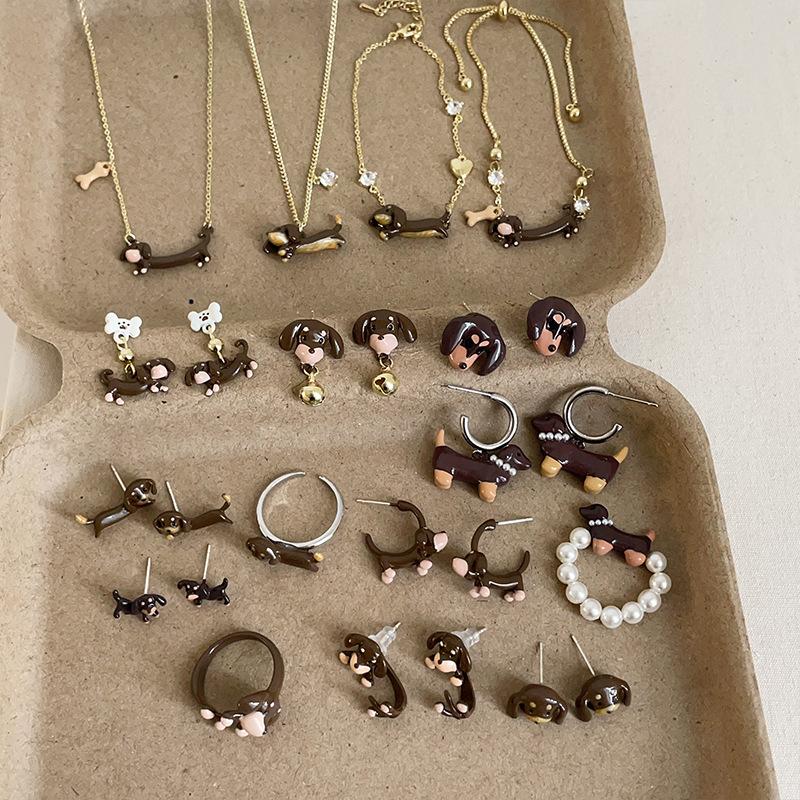 Ожерелье с изображением мультяшной таксы, серьги-гвоздики, коллекция, женская, милая, изысканная, модная, универсальная, цепочка на шею, цепочка на свитер