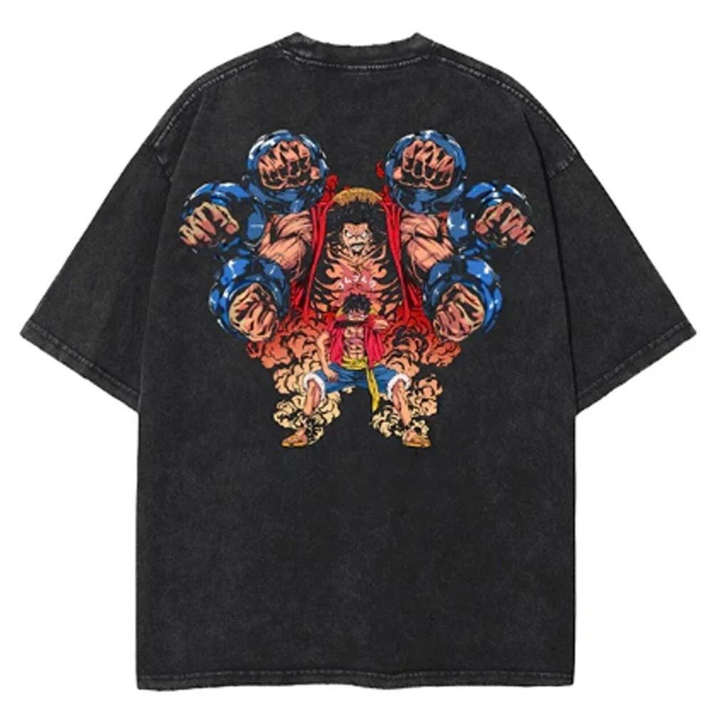 One Piece Tee Men Casual Oversized Washed Harajuku Tshirt Japanese Anime