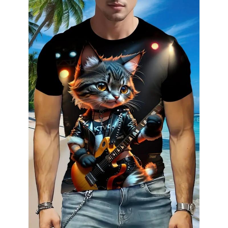 Мужская футболка с принтом 3D Animal Rock Cat, летняя модная повседневная футболка для спорта на открытом воздухе с круглым вырезом и короткими рукавами, мужская одежда, топы