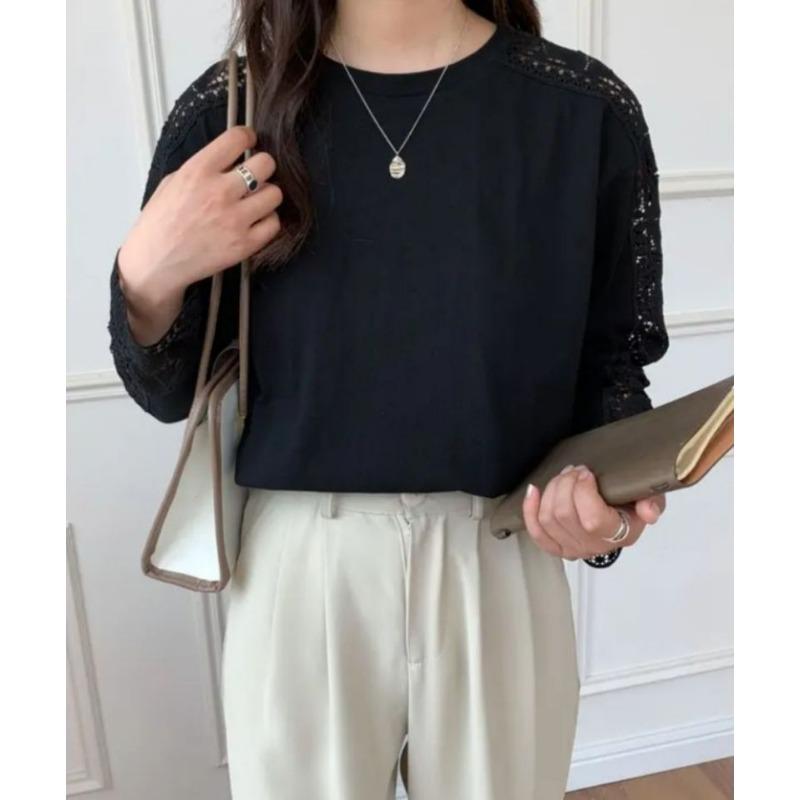 Хорошее качество осень зима японский корейский однотонный кружевной пуловер круглый вырез свободная футболка с длинными рукавами для женщин